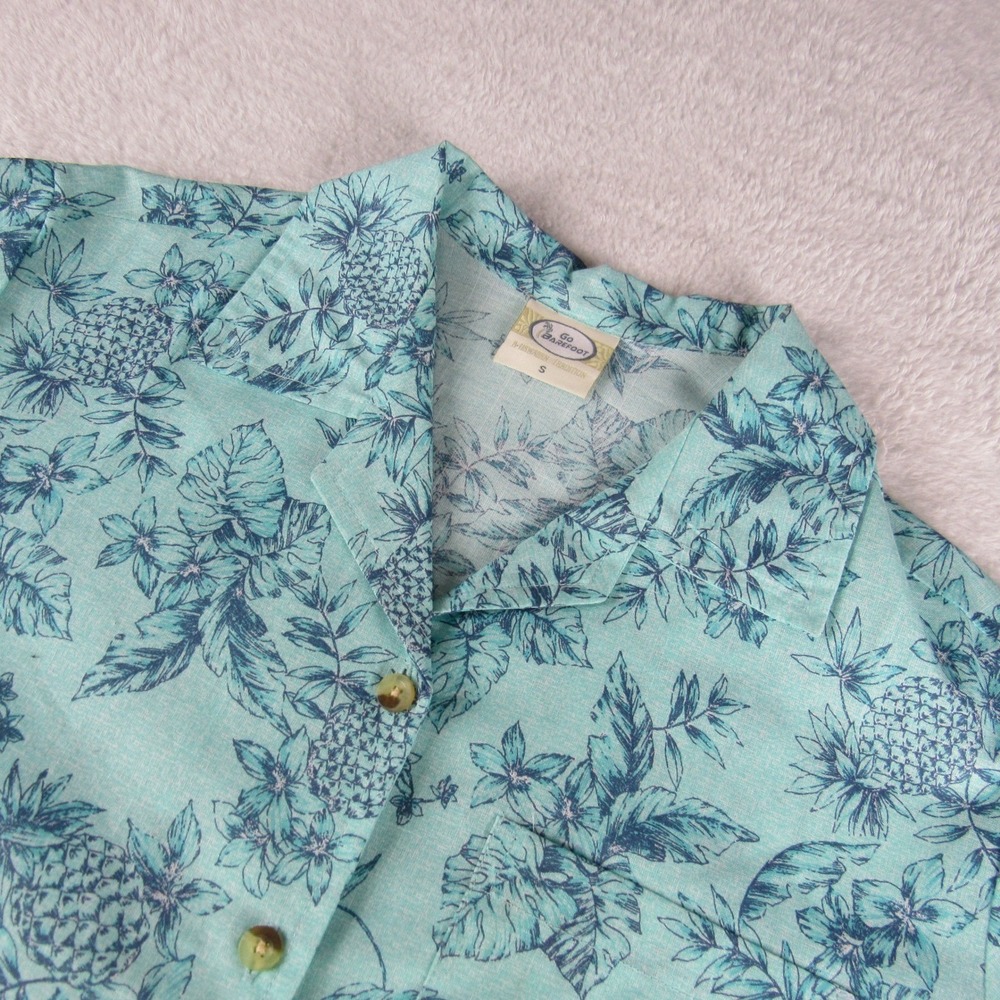 Go Barefoot Hawaiian Shirt Mens Small Teal Pineapple Tropical Print